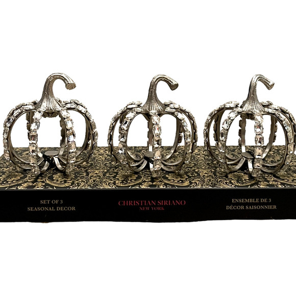 Christian Siriano Crystal Jeweled Metal Pumpkins Set of 3 Halloween Glam Silver - Picture 2 of 13